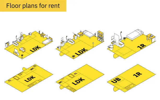 Vector illustration of Moving floor plan image, 2LDK and 1LDK and 1room, isometric illustration with simple line drawings