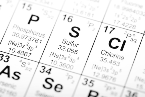 Periodic table detail for the element Sulfur or Sulphur. Image uses an altered public domain periodic table as the source document. Part of a series covering all the elements