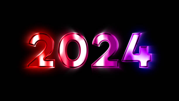 istock 2024 metallic glowing display for happy new year on black background isolated, looped, cyberpunk, lighting colorful, neon futuristic, isolated transparent background. 1830452348