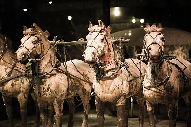 Qin Shi Huang's Tomb XXXL "The Terra Cotta Warriors and Horses are the most significant archeological excavations of the 20th century. Work is ongoing at this site, which is around 1.5 kilometers east of Emperor Qin Shi Huang's Mausoleum, Lintong County, Shaanxi province. It is a sight not to be missed by any visitor to China. The museum covers an area of 16,300 square meters, divided into three sections: No. 1 Pit, No. 2 Pit, and No. 3 Pit respectively. They were tagged in the order of their discoveries. No. 1 Pit is the largest, first opened to the public on China's National Day, 1979. There are columns of soldiers at the front, followed by war chariots at the back. No. 2 Pit, found in 1976, is 20 meters northeast of No. 1 Pit. It contained over a thousand warriors and 90 chariots of wood. It was unveiled to the public in 1994.Archeologists came upon No. 3 Pit also in 1976, 25 meters northwest of No. 1 Pit. It looked like to be the command center of the armed forces. It went on display in 1989, with 68 warriors, a war chariot and four horses. Altogether over 7,000 pottery soldiers, horses, chariots, and even weapons have been unearthed from these pits. Most of them have been restored to their former grandeur. Thank you download this image,plese click the lightbox to see more similar portfolio:" qin dynasty stock pictures, royalty-free photos & images