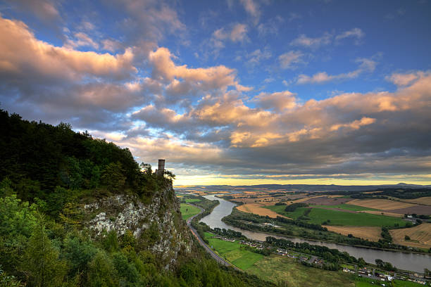 Kinnoul Tower overlooking Perthshire landscape in evening light. stock photo