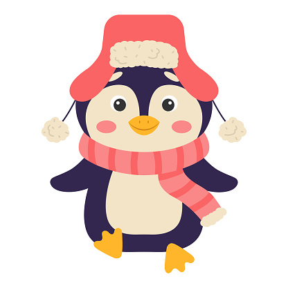 Cute cartoon penguin in a hat with ears and a scarf. Vector illustration.