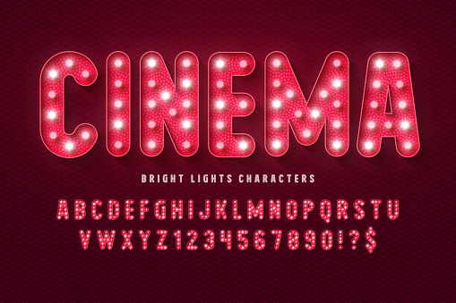 Retro cinema alphabet design, cabaret, warm lamps letters and numbers. Original design