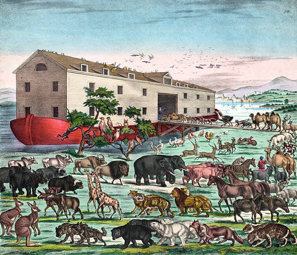 Vintage Illustration of Noah's Ark This vintage illustration features Noah's Ark and the animals in a scene depicted from the Bible. noahs ark stock illustrations