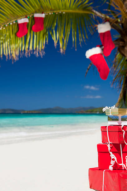 Christmas gifts and palm tree decorated with ornaments at the Caribbean beach