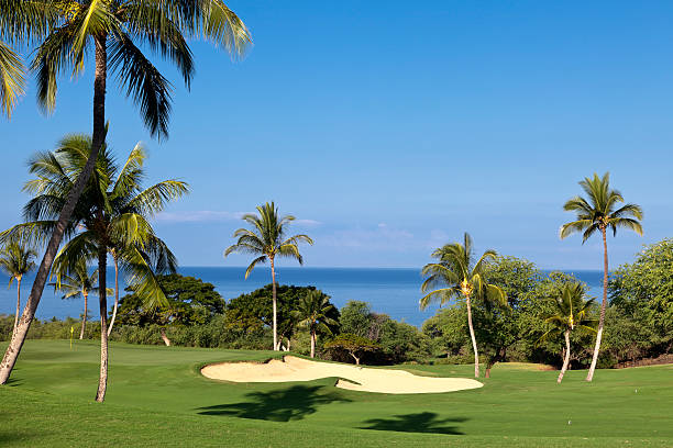 View of tropical golf course by waterfront stock photo