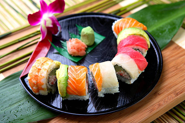 rainbow rolls Japanese sushi rainbow rolls rainbow crab stock pictures, royalty-free photos & images