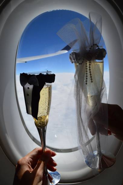 샴페인 안경 허니문 비행기 창 - honeymoon airplane window travel 뉴스 사진 이미지