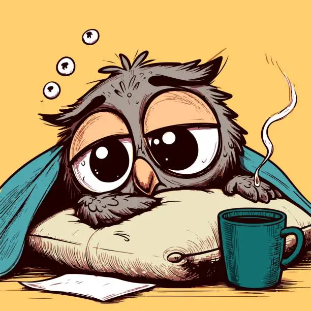 Vector illustration of Vector of a cartoon owl laying on a pillow under the blanket with a hot morning coffee cup in front of it. Drawing of a sleepy bird waking up on a monday