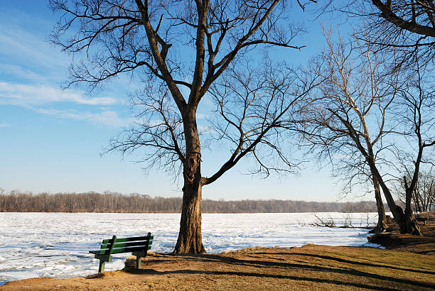 Adult person sitting on a bench, looking at the frozen lake and snow-capped mountains