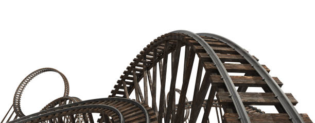 Roller coaster Wooden roller coaster track isolated on white.Could be useful in a business metaphor composition.This is a detailed 3d rendering. railroad track on white stock pictures, royalty-free photos & images