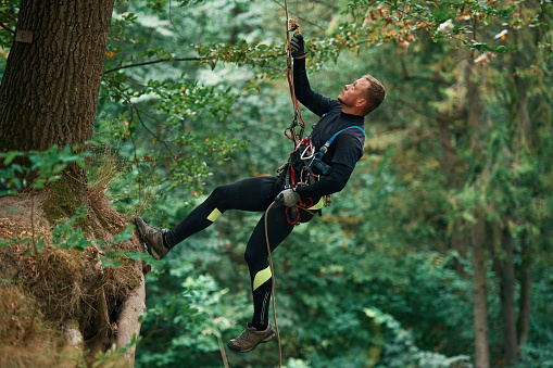 Hanging on a rope. Man is doing climbing in the forest by use of safety equipment.