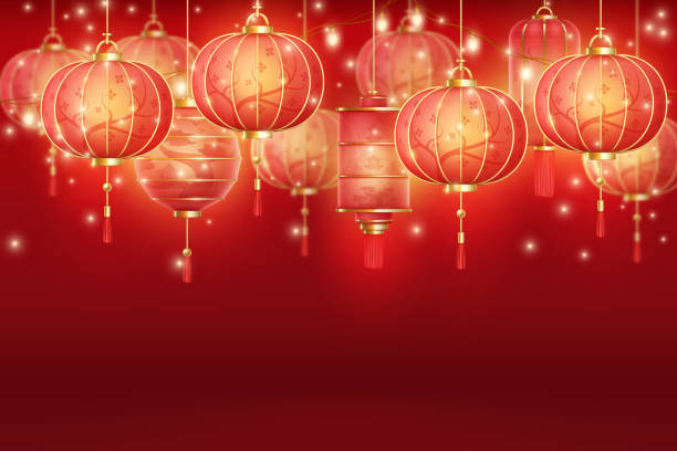 istock Realistic chinese garland. Asian red lanterns with sparkle lights garlands lamp, paper lantern light for new year china celebration or japanese festival, decent vector illustration 1830506784