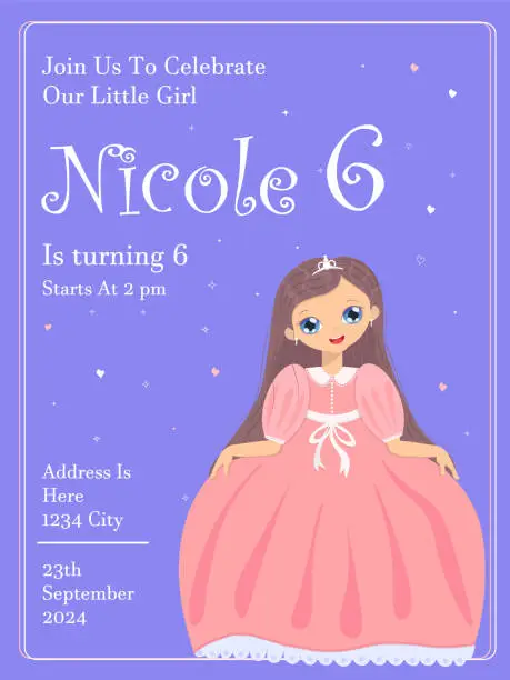 Vector illustration of 6 princess birthday invitation, princess party, little princess, turns six