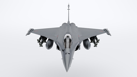 3D render of fighter jet flying isolated on white background.