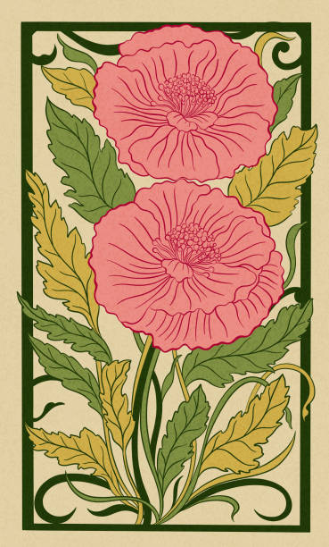 blütenmohnpflanze im jugendstil 1920-1930. handgezeichnet mit geweben aus linien, blättern und blumen. - red pattern poppy plant stock-grafiken, -clipart, -cartoons und -symbole