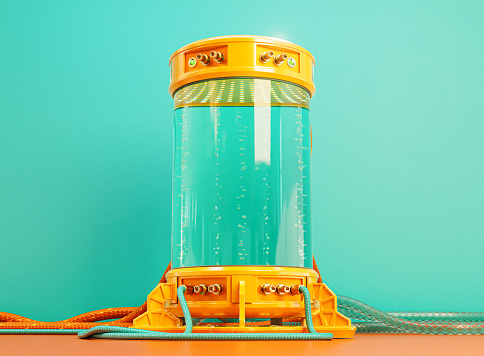 A brightly colored futuristic concept science lab cryogenic test tube machine filled with liquid and bubbles with connected cables and rubber pipes - 3D render