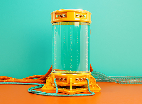 A brightly colored futuristic concept science lab cryogenic test tube machine filled with liquid and bubbles with connected cables and rubber pipes - 3D render