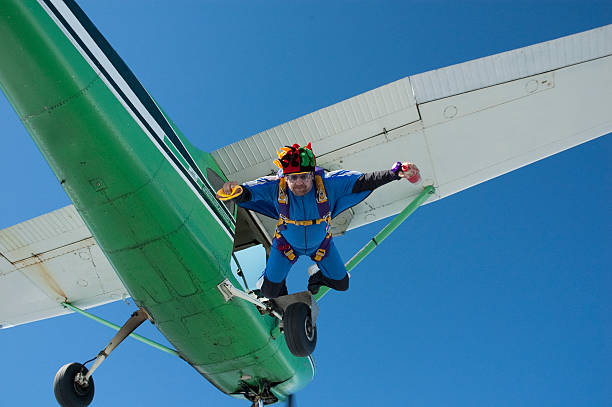 royalty free banco de fotos: cachorro-quente skydiver - skydiving parachute parachuting taking the plunge - fotografias e filmes do acervo