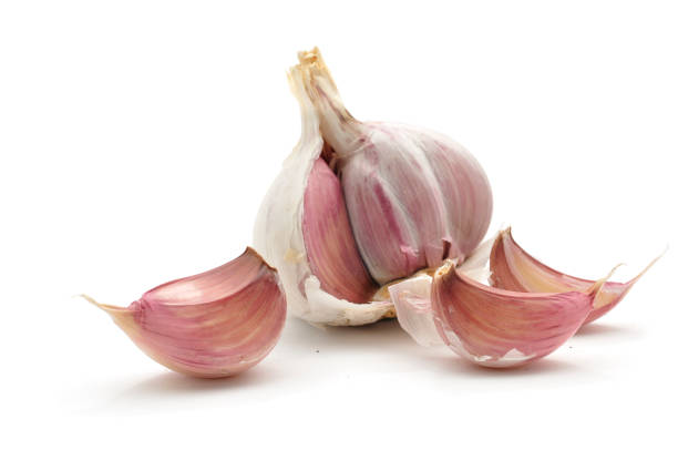 Garlic Cloves and bulb Cloves of Garlic isolated on a white background garlic stock pictures, royalty-free photos & images