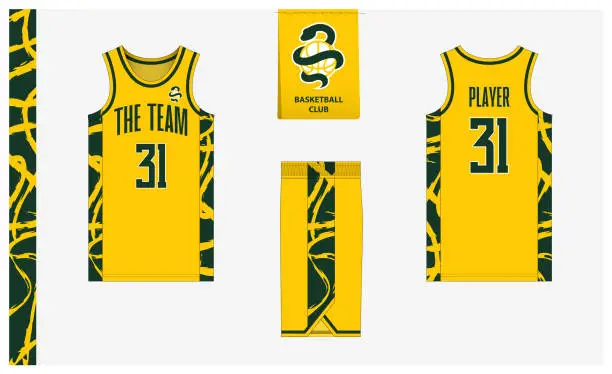 Vector illustration of Basketball uniform mockup template design for sport club. Basketball jersey, basketball shorts in front and back view. Basketball logo design.