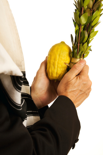Man holding lulav and etrog for Sukkot