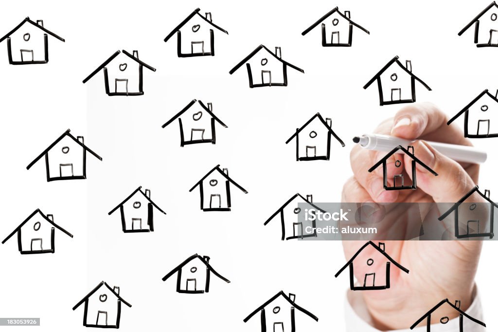 Desenhando casas no Quadro Branco - Royalty-free Caneta Foto de stock