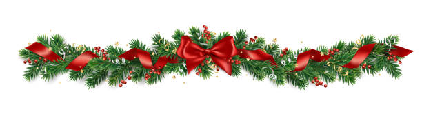 Christmas tree garland on transparent background, vector illustration. Realistic pine tree branches with red bow and ribbons. Christmas tree garland on transparent background, vector illustration. Realistic pine tree branches with red bow and ribbons. Decoration for holiday banners, party posters, cards, headers. red frame stock illustrations