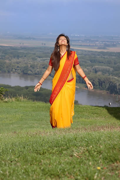 indische frau im sari mit einem farbenfrohen - bollywood prayer position indian culture indian ethnicity stock-fotos und bilder