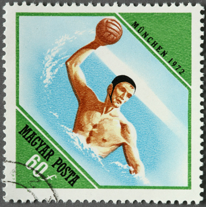 vintage waterpolo player on a postage stamp