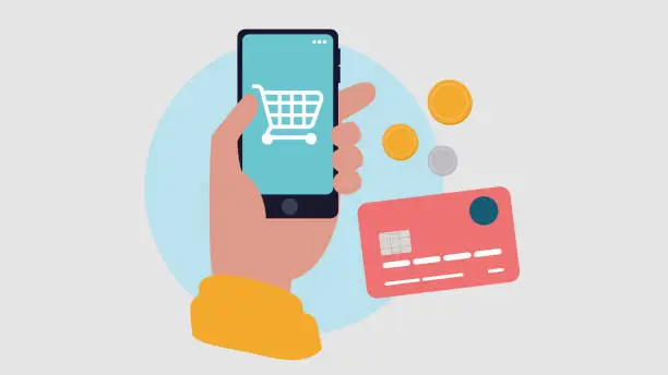 Vector illustration of Vector illustration of a hand holding a smartphone with a credit card next to it – shopping concept