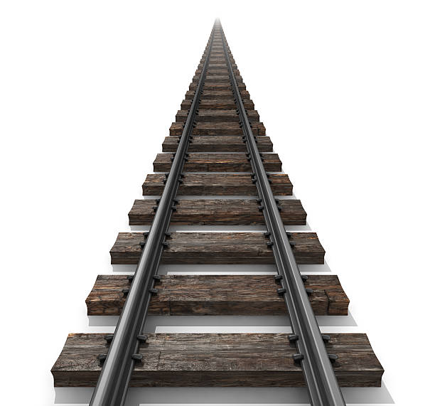 Going the distance Railroad tracks isolated on white fading off into the distance.Could be a useful image to illustrate  a railroad metaphor.This is a detailed 3d rendering. railroad track on white stock pictures, royalty-free photos & images