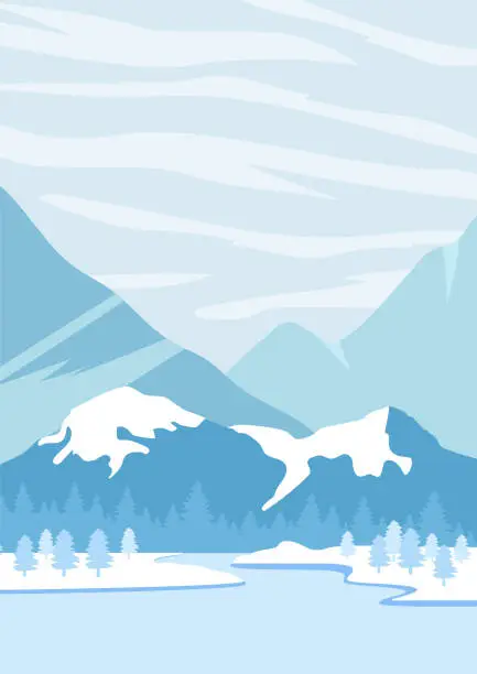 Vector illustration of Mountains winter landscape with white peaks illustration. Vector art print of Pyrenees