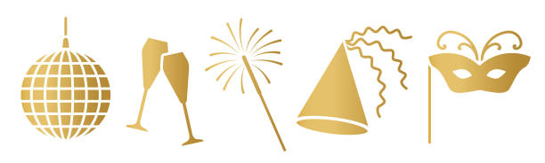 złote elementy obchodów sylwestrowych: kula dyskotekowa, kieliszki do szampana, imprezowy kapelusz i maska karnawałowa, zimne ognie - party hat silhouette symbol computer icon stock illustrations