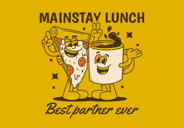 Vector illustration of Mainstay lunch, best partner ever. Mascot character of a coffee mug and a slice pizza