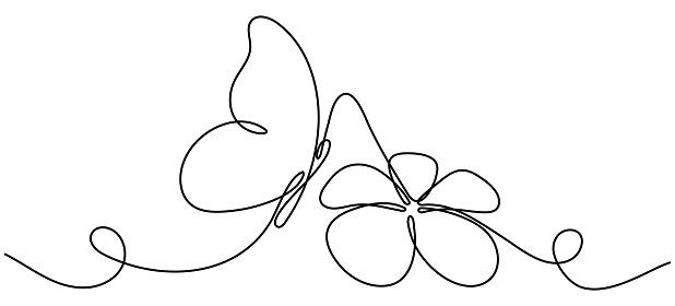 Flower with flying butterfly continuous line art drawing. Vector hand drawn illustration isolated on white.