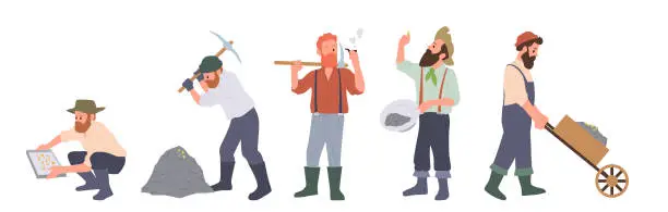 Vector illustration of Male gold diggers cartoon characters searching of treasure with different old tools isolated set