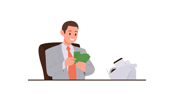 Man office worker cartoon character counting money cash financial revenue at workplace isolated on white background. Businessman, banker, marketer or finance analyst at work vector illustration