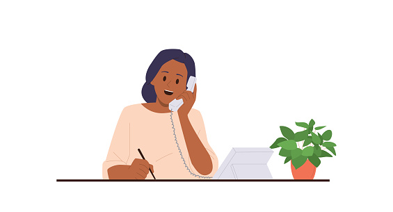 Woman office worker cartoon character having business call talking phone sitting at workplace isolated on white. Female businessperson, clerk, manager or secretary at work vector illustration