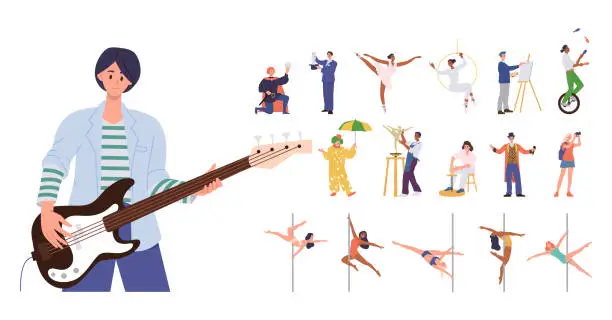 Vector illustration of People art profession isolated set of artist, dancer, gymnasts, circus worker, actor and musician