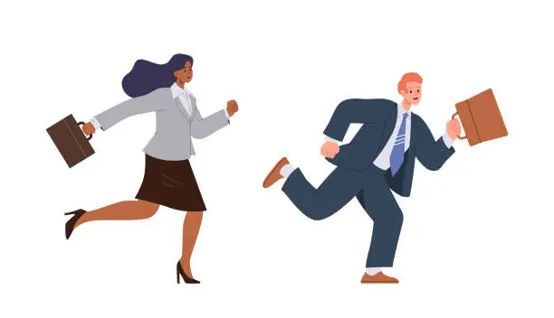 Vector illustration of Businessman and businesswoman cartoon characters in formal wear with briefcase rushing to work