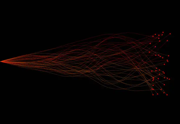 Vector illustration of Dynamic red lines and dots on a black background, suggesting motion and connectivity.