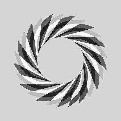 Circular monochromatic spiral with alternating light and dark segments, featuring prominent negative space.