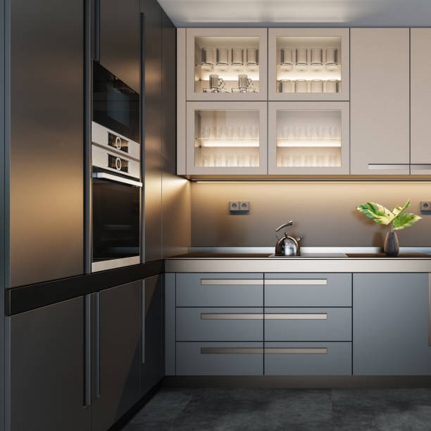 istock Luxury Dark Modern minimalist kitchen on two walls. Dark materials. 1830557982