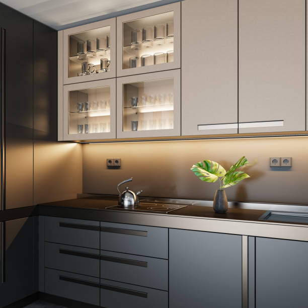 Modern and minimalist apartment interior kitchen. Kitchen on two walls. Dark materials matte finish. Luxury style. 3d renderings.