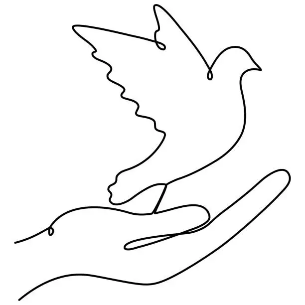 Vector illustration of Continuous line drawing hand with flying dove.