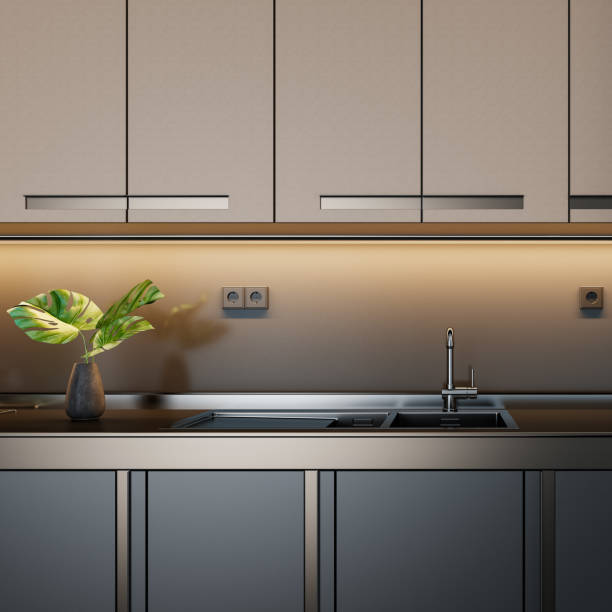 istock Luxury Dark Modern minimalist kitchen on two walls. Dark materials. 1830558517
