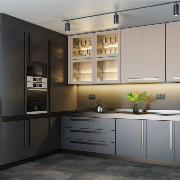 Luxury Dark Modern minimalist kitchen on two walls. Dark materials. stock photo