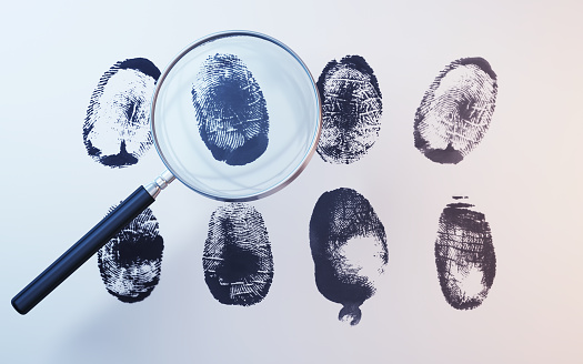 3d Render Finger Print Samples Taken on the Ground for Criminal Investigation Purposes are Examined with a Magnifying Glass, Concepts such as occupational safety, cyber crimes, detective work, investigation(Close-up)