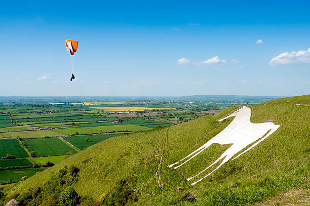 Paragliding over Westbury White Horse, Wiltshire, UK A wide angle view of a paraglider airborne over the famous landmark of the Westbury White Horse hill figure in Wiltshire. Cut into the hillside in 1778, this hill carving replaced an older horse which was possibly cut to commemorate King Alfred's nearby victory over the Vikings. Image taken on a windy summer day in late afternoon with a ProPhoto RGB profile for maximum color fidelity and gamut. white horse stock pictures, royalty-free photos & images